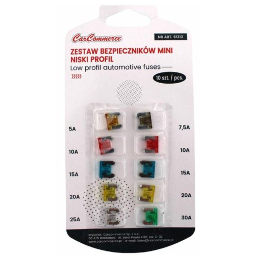Mini biztosíték készlet, 10 db-os süllyesztett, alacsony profilú
